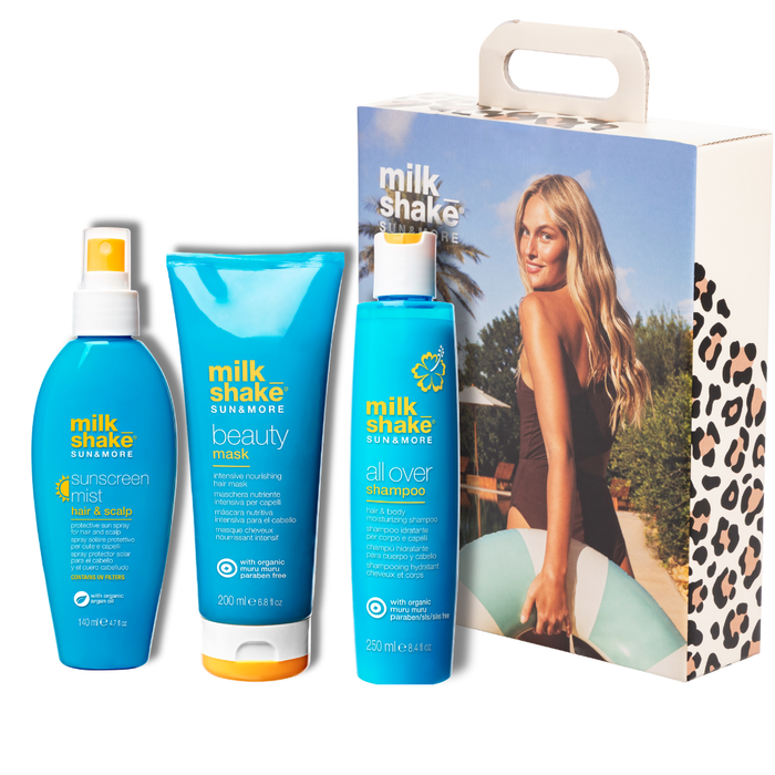 milk_shake sun&more products with a packaging box featuring a model on a white background.