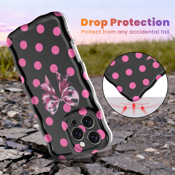 Sweet Spot MagSafe iPhone case with hot pink polka dots and cowhide bow on black by Fancy Bands
