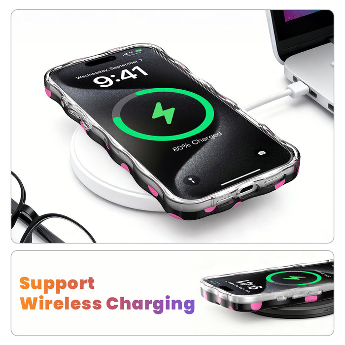 Sweet Spot MagSafe iPhone case with hot pink polka dots and cowhide bow on black by Fancy Bands