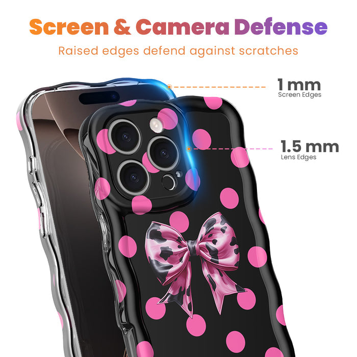 Sweet Spot MagSafe iPhone case with hot pink polka dots and cowhide bow on black by Fancy Bands