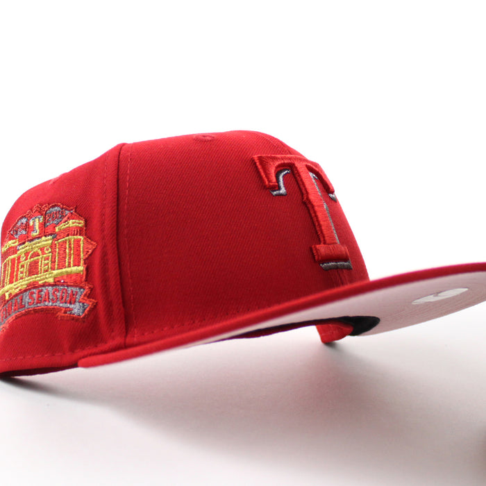 Texas Rangers Final Season Patch New Era 59Fifty Fitted Hat (Scarlet Red Pink Under Brim)