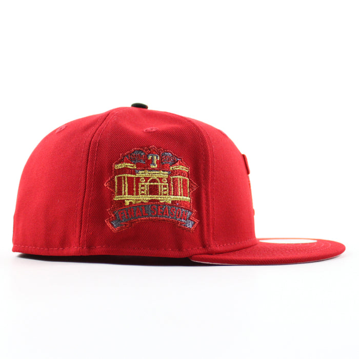 Texas Rangers Final Season Patch New Era 59Fifty Fitted Hat (Scarlet Red Pink Under Brim)