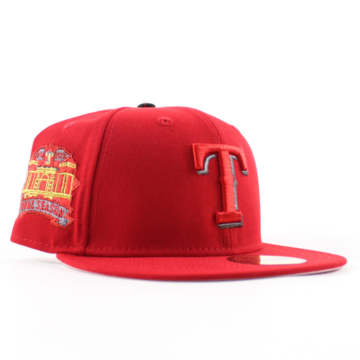 Texas Rangers Final Season Patch New Era 59Fifty Fitted Hat (Scarlet Red Pink Under Brim)