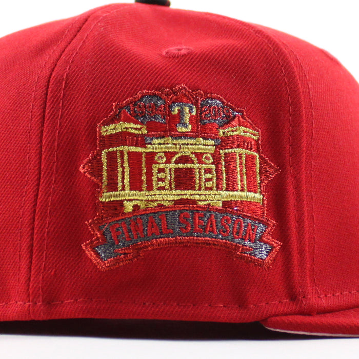 Texas Rangers Final Season Patch New Era 59Fifty Fitted Hat (Scarlet Red Pink Under Brim)