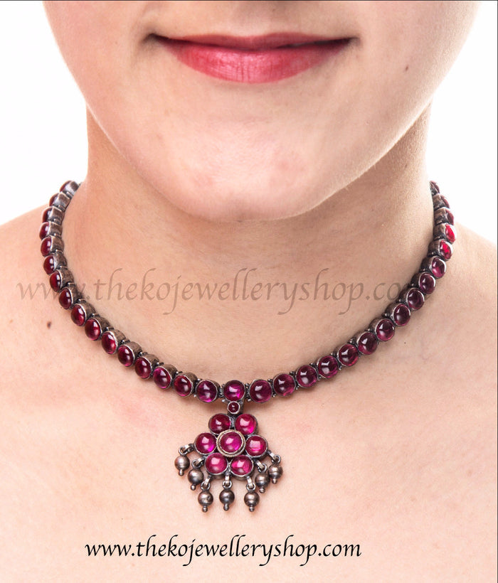 Traditional Addige necklace  south Indian temple jewellery silver necklace with red kempu stones