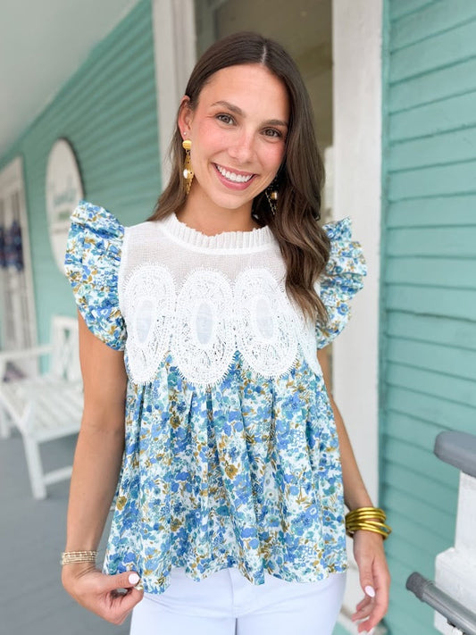 The Chantel Floral Mesh Top-Blue