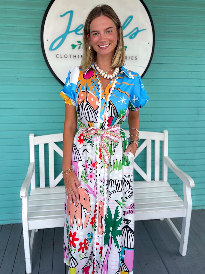 dress with city scene pattern