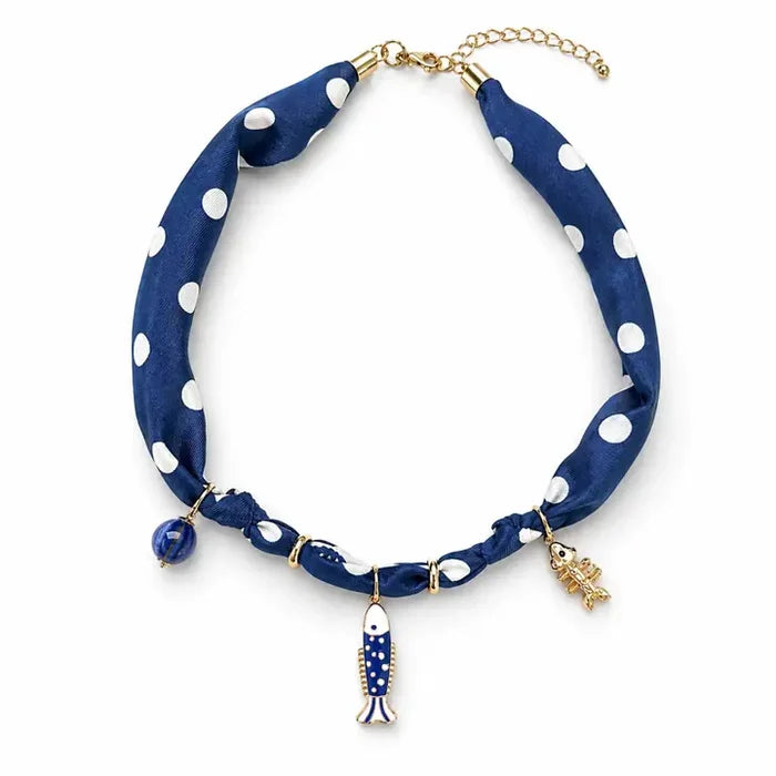 The Coastal Fish Scarf Necklace-Navy Dot