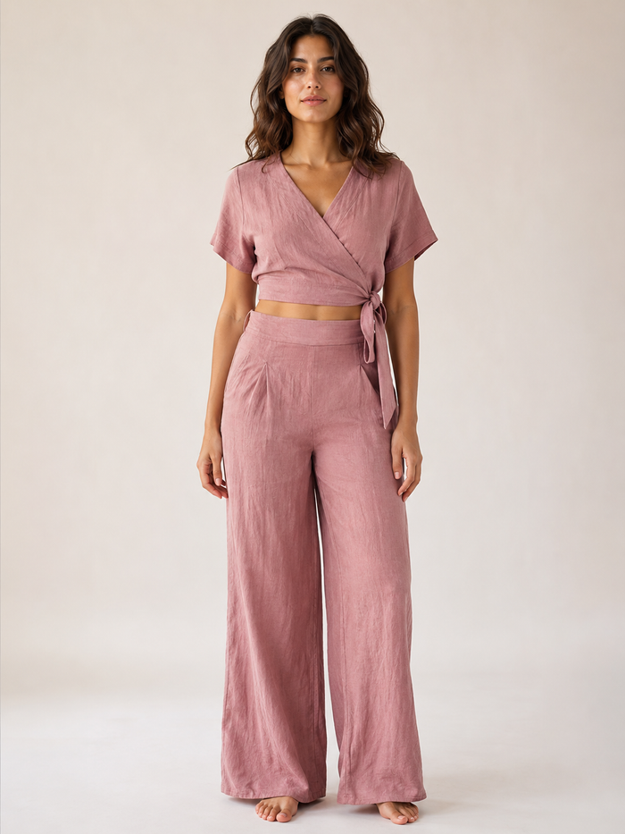 The Dusty Rose Wrap Top Trouser Set front view