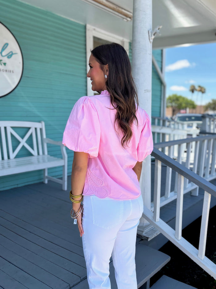 The Eva Bubble Sleeve Ruffle Top - Pink