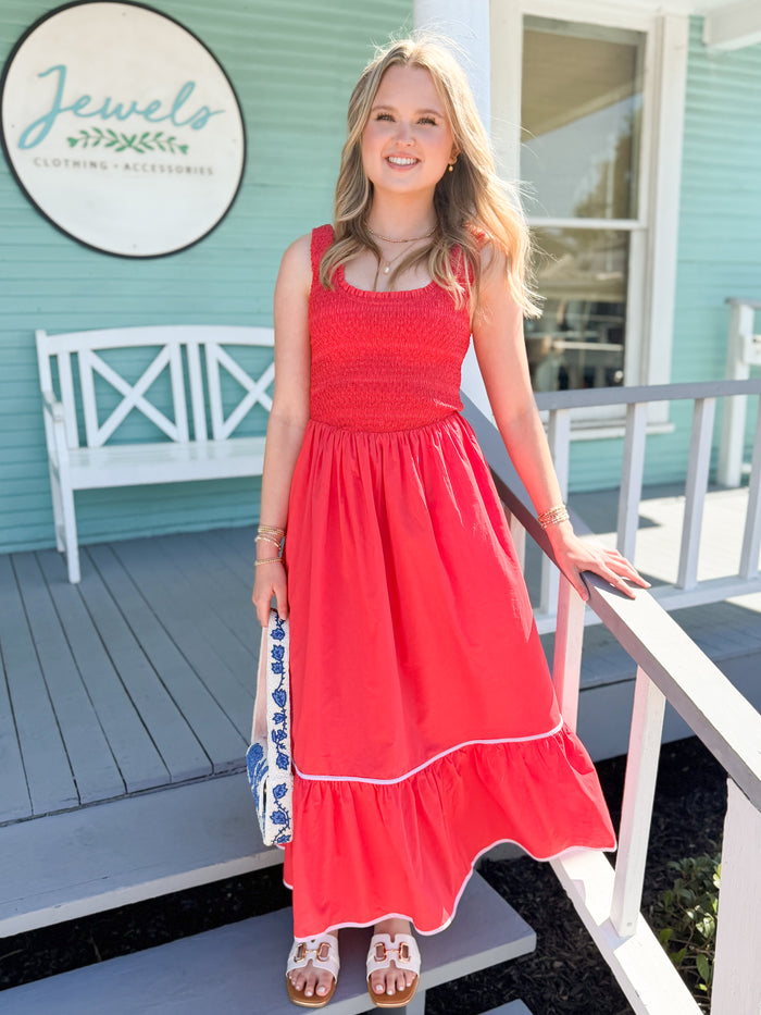 The Jessy Smocked Midi Dress - Red