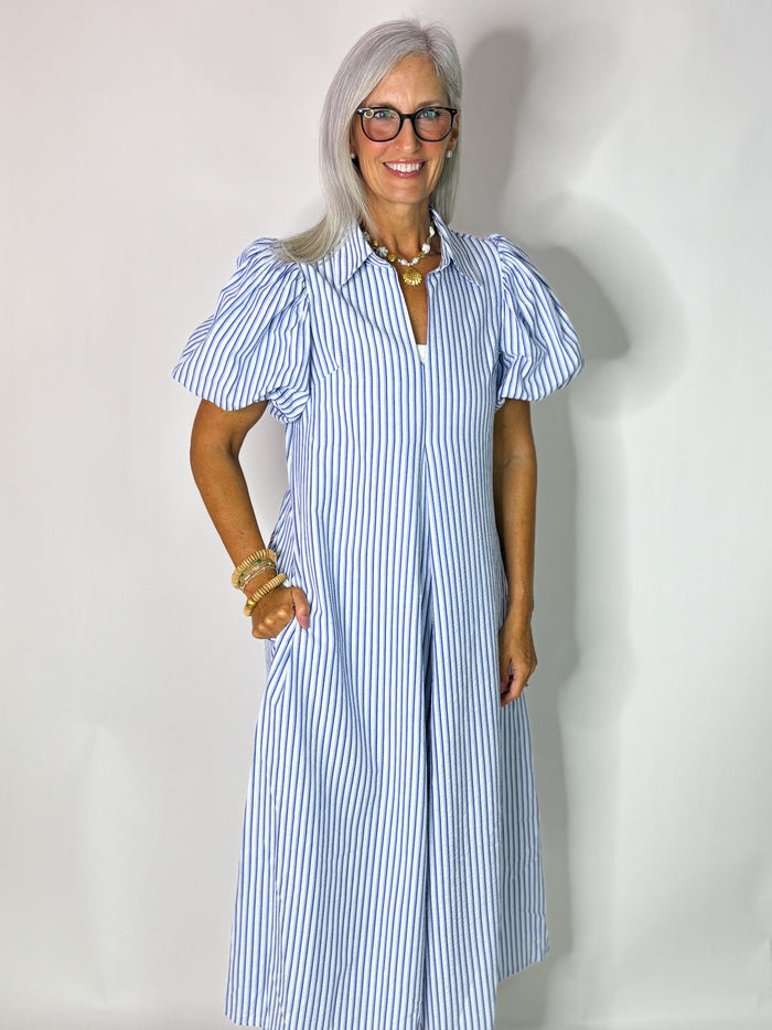 The Kavian Stripe Midi Dress-Blue
