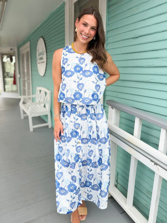 The Marissa Floral Eyelet Two-Piece Set - Blue