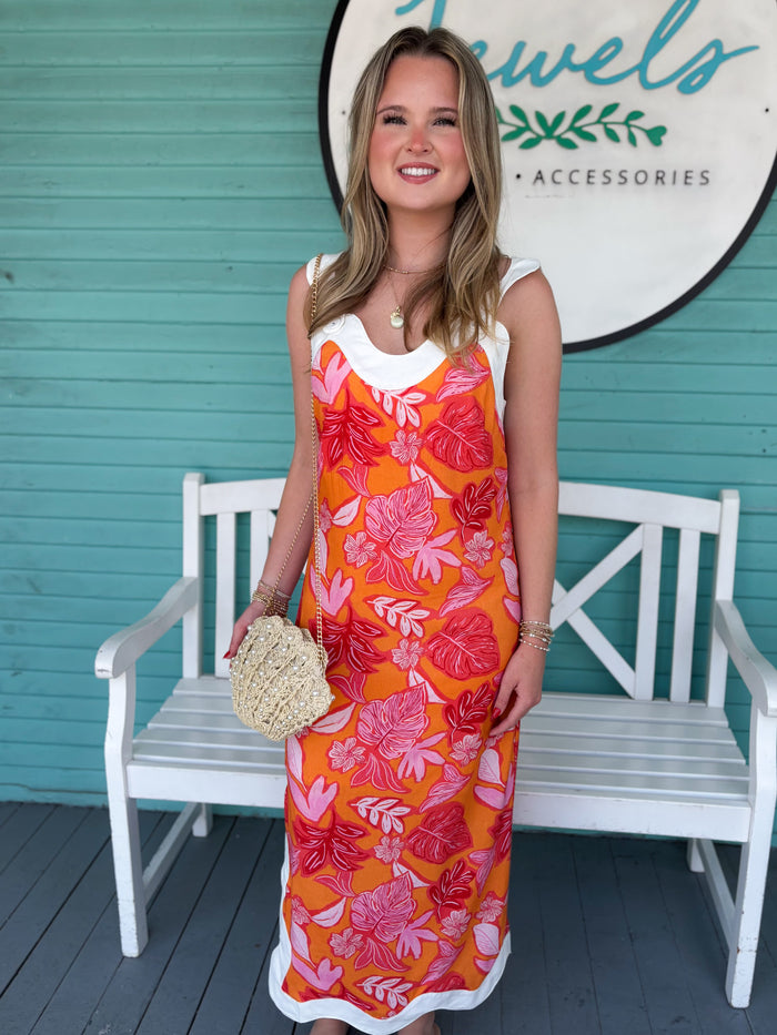 orange and pink tropical printed dress