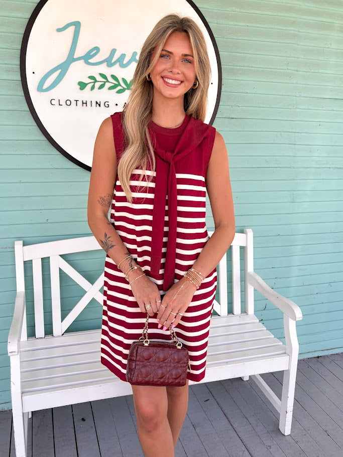 The Shane Striped Mini Dress-Burgundy