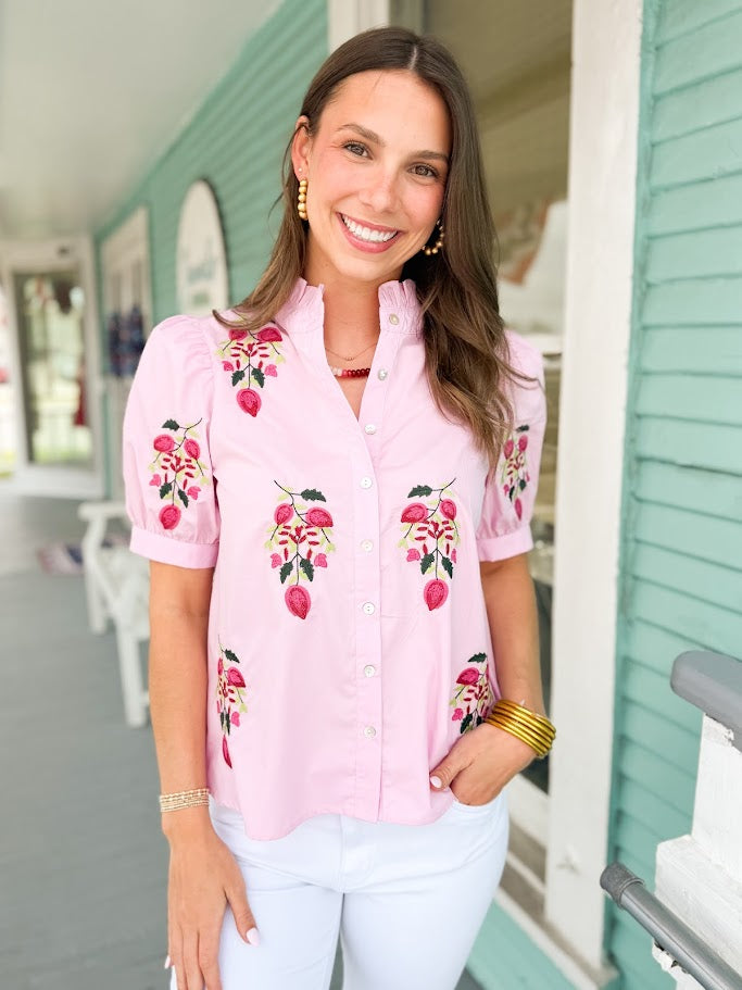 The Sharlien Embroidered Floral Puff Sleeve Top - Pink