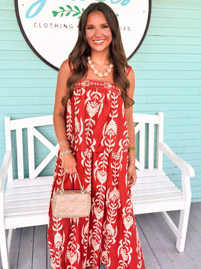 burgundy top and skirt set