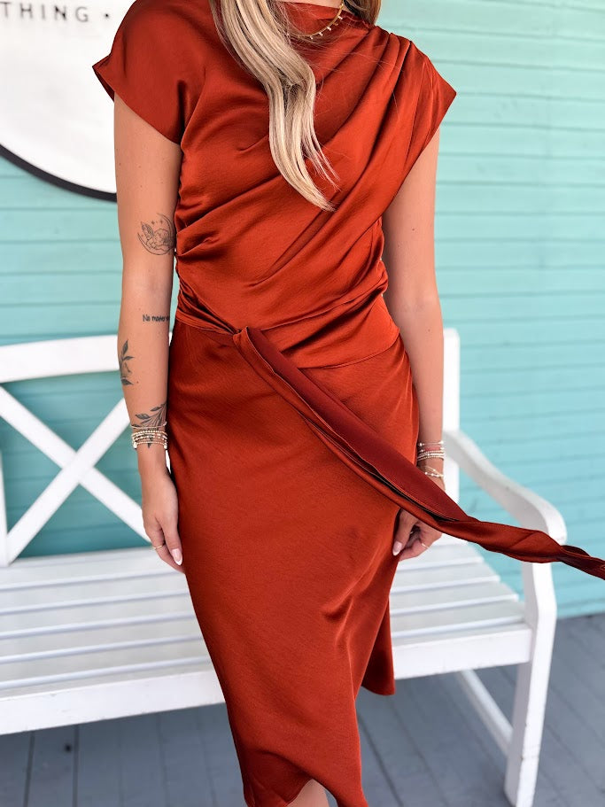 The Toby Satin Midi Dress-Rust