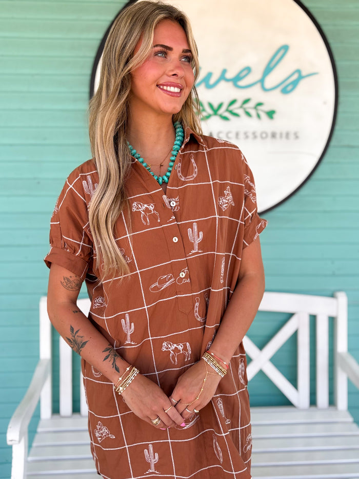 The Westie Western Printed Dress-Brown