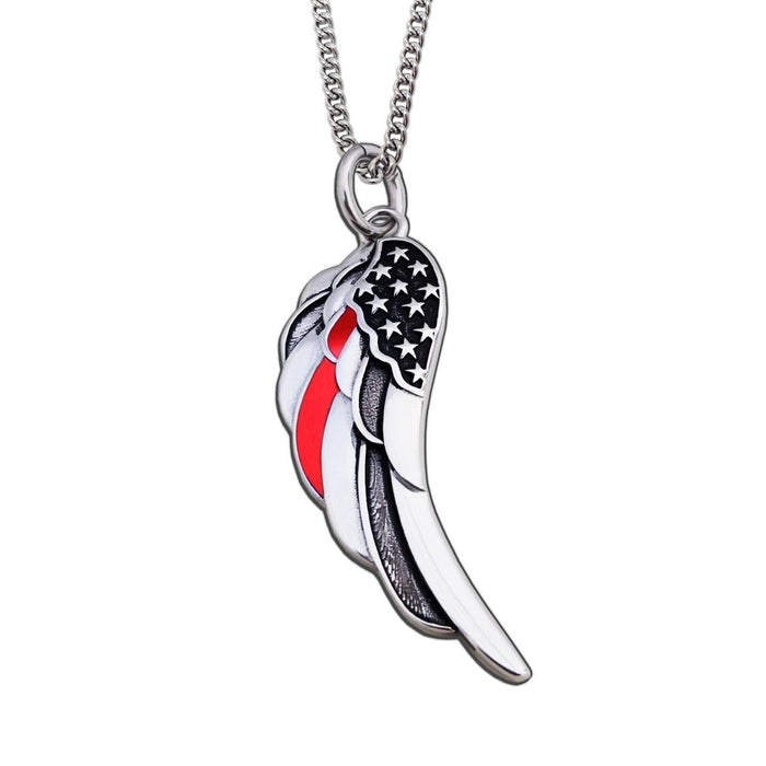 Thin Red Line Flag Angel Wing Necklace – firefighter faith Psalm 91:11 pendant fire rescue memorial jewelry