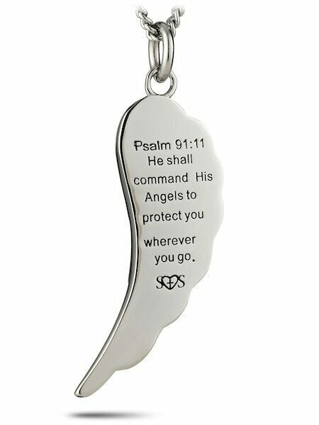Angel Wing Thin Red Line firefighter necklace – stainless steel Psalm 91:11 fire department faith jewelry