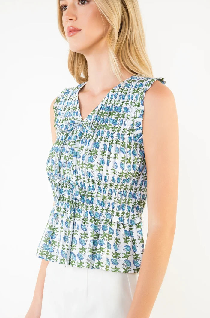 (THML) The Elias Smocked Floral Top-Blue