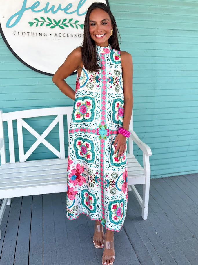 teal and pink pattern high neck dress