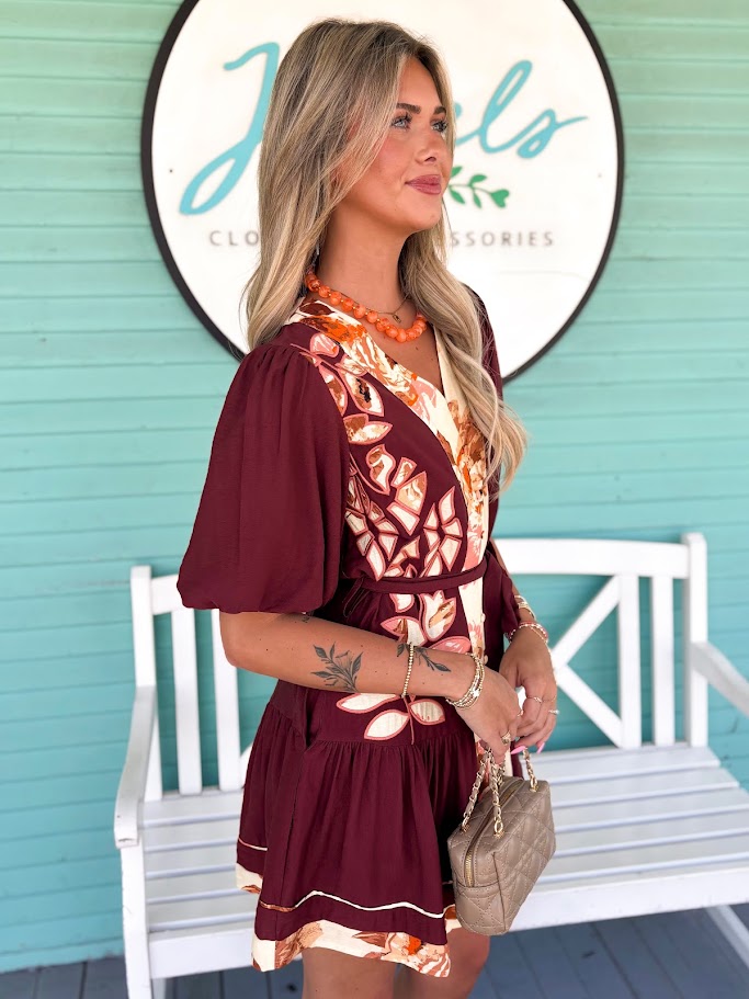 (THML) The Yolanda Floral Dress-Burgundy