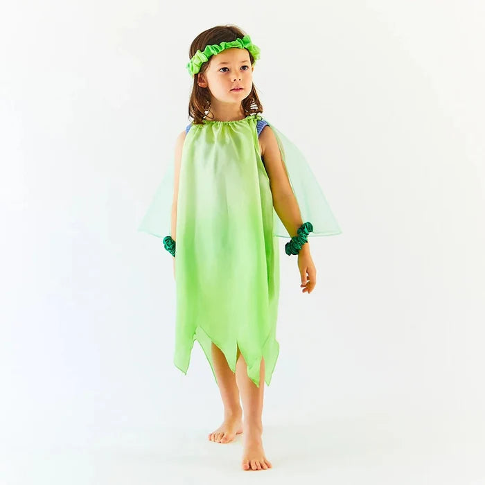 Child wearing a green Tinkerbell costume with wings and headband on a white background