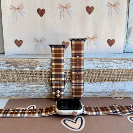 Toffee Tartan brown, tan and cream plaid silicone band for Apple Watch from Fancy Bands