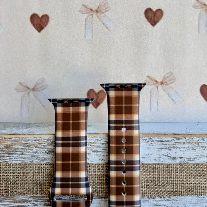 Toffee Tartan brown, tan and cream plaid silicone band for Apple Watch from Fancy Bands