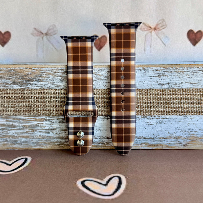 Toffee Tartan brown, tan and cream plaid silicone band for Apple Watch from Fancy Bands