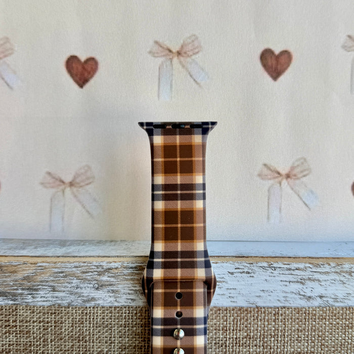 Toffee Tartan brown, tan and cream plaid silicone band for Apple Watch from Fancy Bands