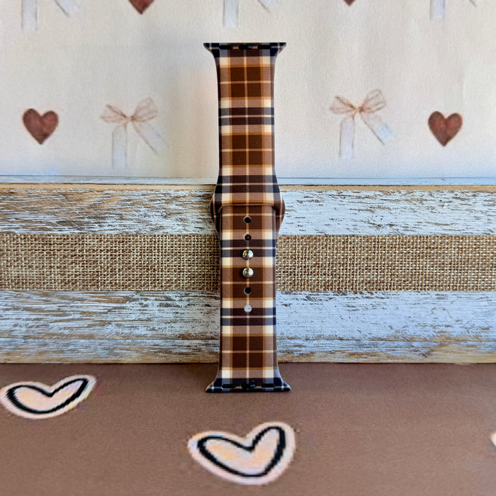Toffee Tartan brown, tan and cream plaid silicone band for Apple Watch from Fancy Bands