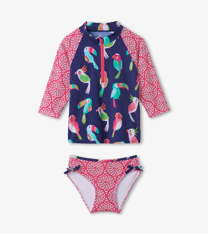 Back view of Hatley girls Tropical Birds rashguard set with pink sleeves and matching bikini bottom