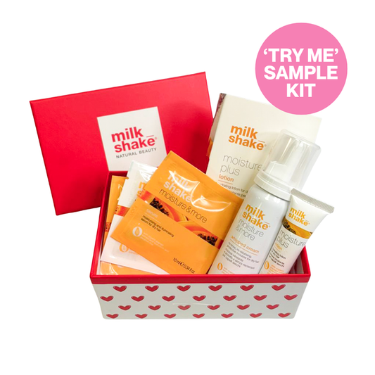 milk_shake hair care sample kit with red box and heart pattern on a white background