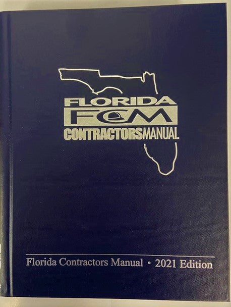 Cover of the 2021 Florida Contractors Manual book with state outline and gold lettering on dark blue background