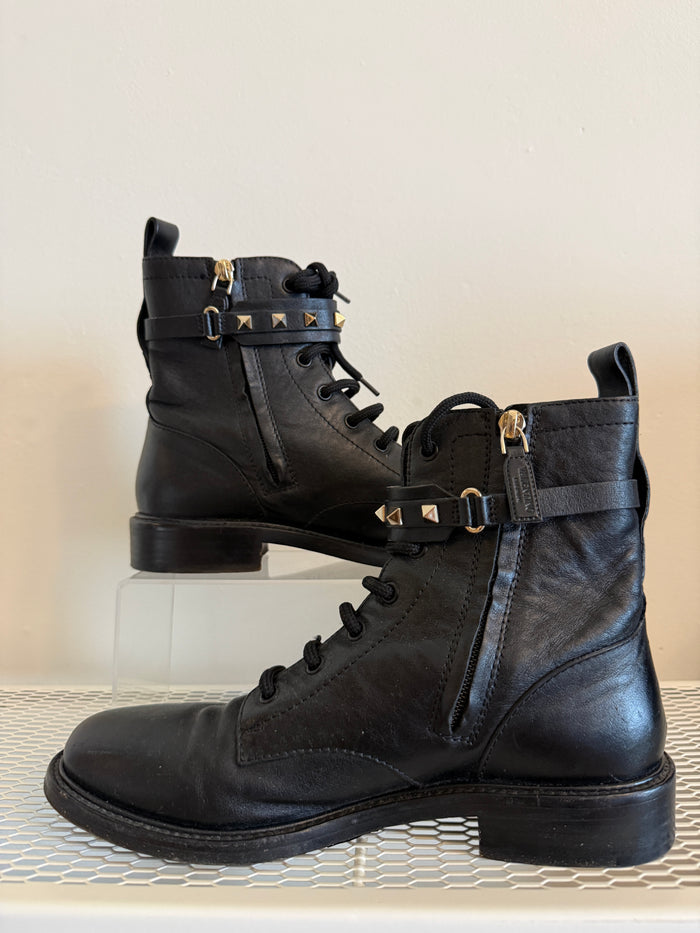 Valentino Rock Stud Combat Boots size 38.5 with studded details and rugged design, leather ankle boots for edgy style