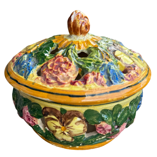 vintage italian pottery, majolica bowl, italian majolica dish, vintage floral pottery, pierced lid bowl, vintage italian decor, capodimonte style pottery, colorful ceramic bowl, italian ceramic container, vintage majolica decor