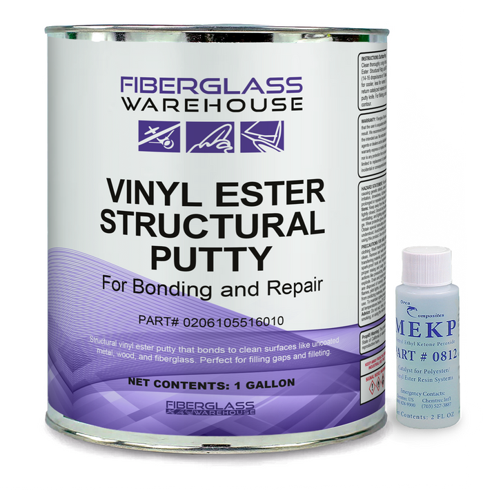 Fiberglass Warehouse vinyl ester structural putty can with MEKP bottle on a white background