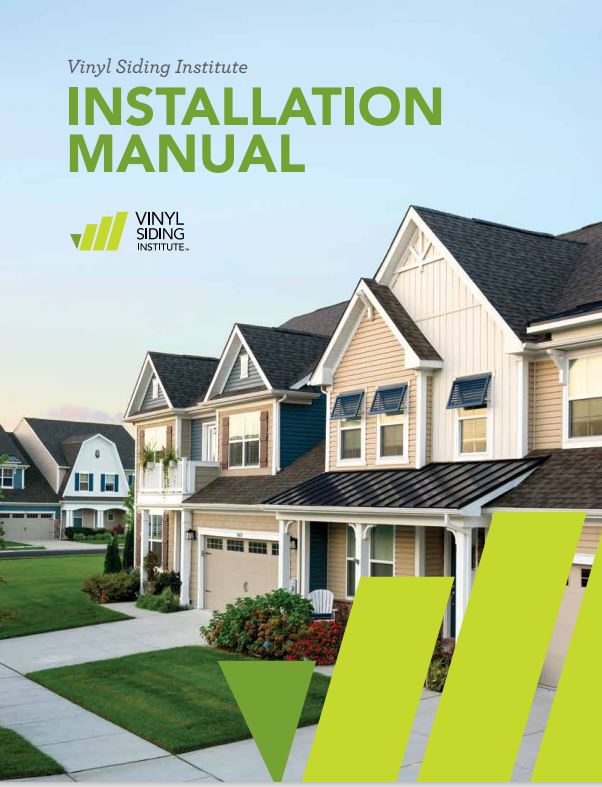 Cover of Vinyl Siding Institute Installation Manual showing row of suburban houses with vinyl siding under clear sky