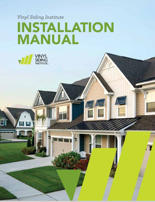 Cover of Vinyl Siding Institute Installation Manual showing row of suburban houses with vinyl siding under clear sky