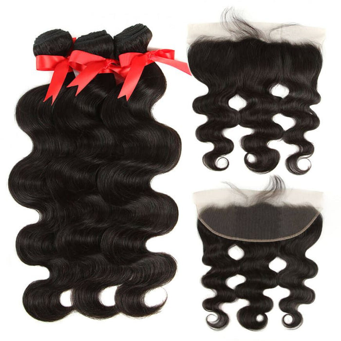 natural black body wave human hair bundles with 13*4 lace closure hair weave