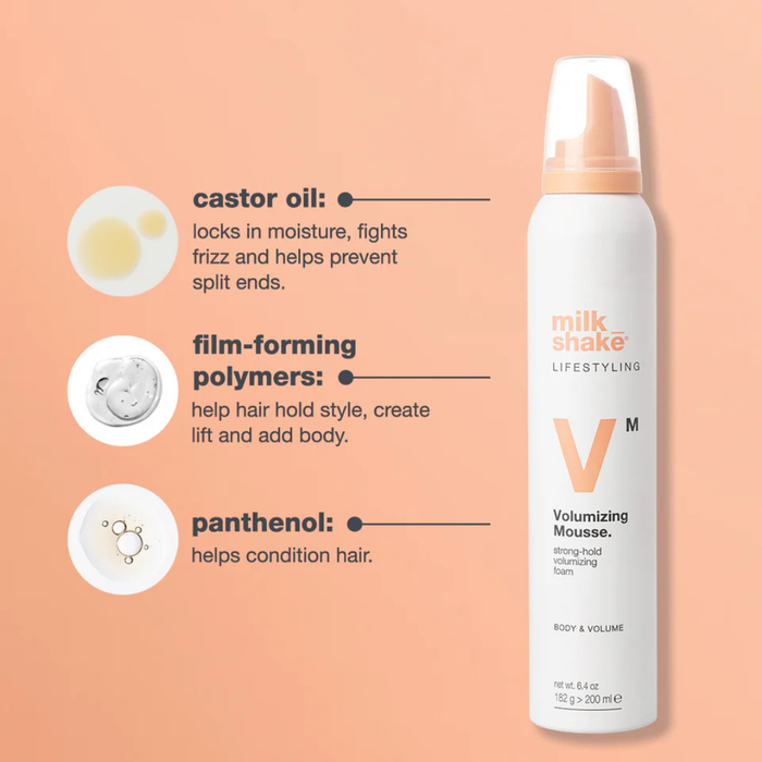 milk_shake  Volumizing Mousse bottle with ingredients on a peach background