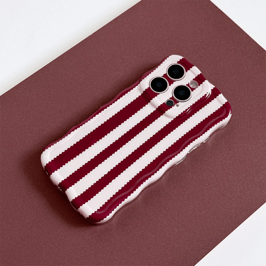 Burgundy and light pink striped Phone Case with wavy edging, Phone Case covers and protects camera area.