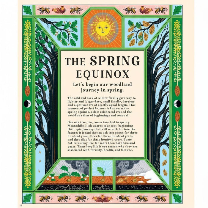 Illustrated pages about the Spring Equinox with decorative borders and text.