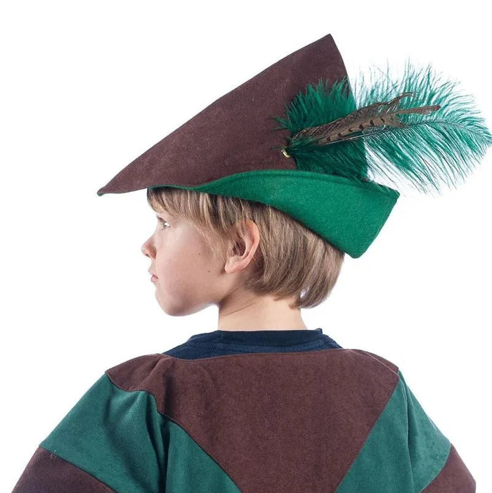 Child wearing a green and brown Robin Hood costume with a hat on a white background